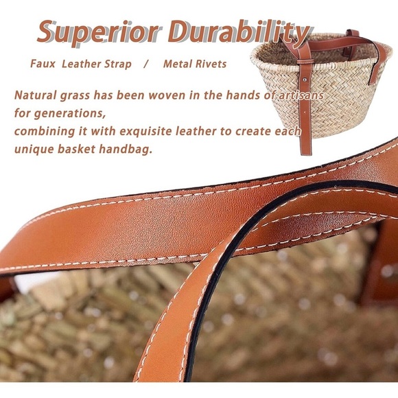 Straw Basket Tote Bag for Women PU Leather Strap Hollow Woven Top Handle… - Picture 4 of 7